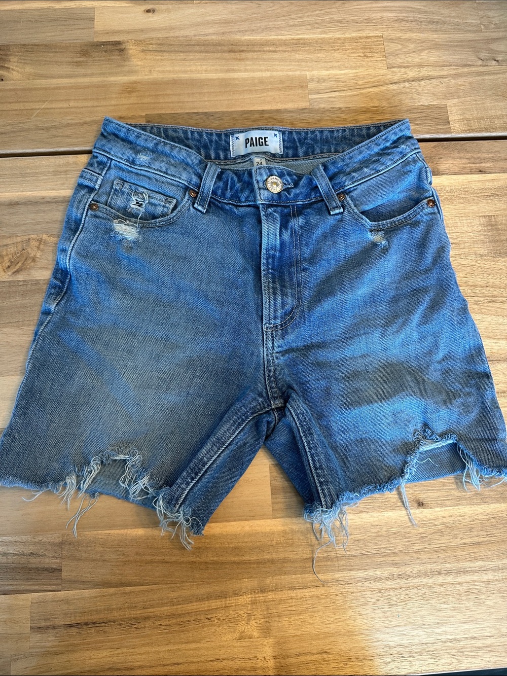 PAIGE Sarah longline Medium Blue Distressed Frayed Hem Denim Shorts